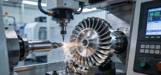 A high-precision 5-axis CNC machine from JS Precision actively machining a complex aerospace aluminum impeller in a single setup, demonstrating advanced manufacturing capabilities.