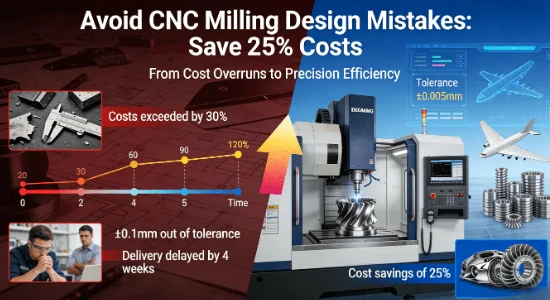 Industrial comparison diagram showing traditional CNC milling design errors (cost overruns, tolerance failures) versus optimized design solutions (25% cost savings, ±0.005mm precision) for aerospace and automotive components